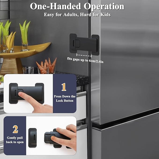 French Fridge Locks for Kids, 1 Pack Baby Safety Refrigerator Lock, Pet/Child Proof Freezer Latch, Cabinet Cupboard Lock with 3M Adhesive, Tool-Free, Drill-Free Install (Matte Black)