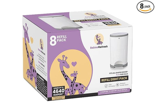 Refills Compatible with DEKOR PLUS Diaper Pail Refills | 8 Pack | Diaper Pail Odor Eliminator| Fresh Powder Scent | Each Diaper Bag Refill Holds up to 4640 Diapers | Diaper bin refill