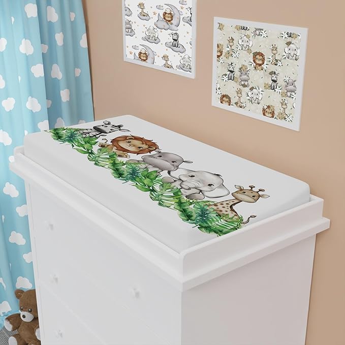 Baby Safari Animals Changing Pad Cover Cute Lion Elephant Giraffe Zebra Hippo Green Tropical Palm Leaves Change Table Pad Cover for Boys Girls Soft Stretch Fitted Diaper Changing Mat Sheets 32''x16''