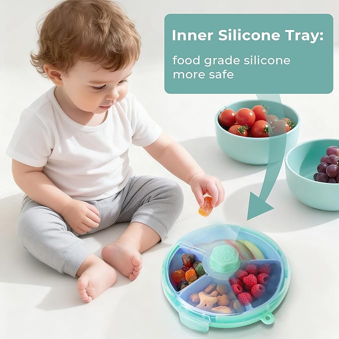 KingKam Kids Snack Spinner Containers, Reusable Toddler Spin Snack Container Box with 4 Compartments & Lid, BPA Free Food Grade Silicone Tray Dishwasher Safe, Travel Snacking Accessories (Blue/Green)