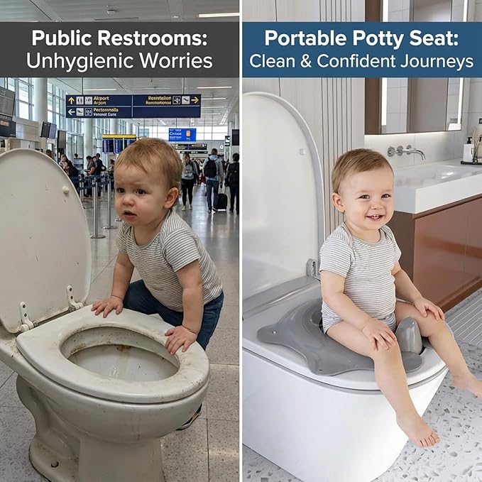 Foldable Travel Potty Seat for Toddler, Portable Toilet Training Seat for Kids on The Go, Fits Round & Oval Toilets with Non-Slip Base & Travel Bag for Car Airplane Essentials, Grey