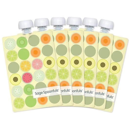 Sage Spoonfuls Reusable Baby Food Pouches - 6 Pack, Baby Food Storage, Pouches Toddler, Refillable Squeeze Pouch for Kids (Fruit Dot), Dishwasher and Freezer Safe, BPA Free