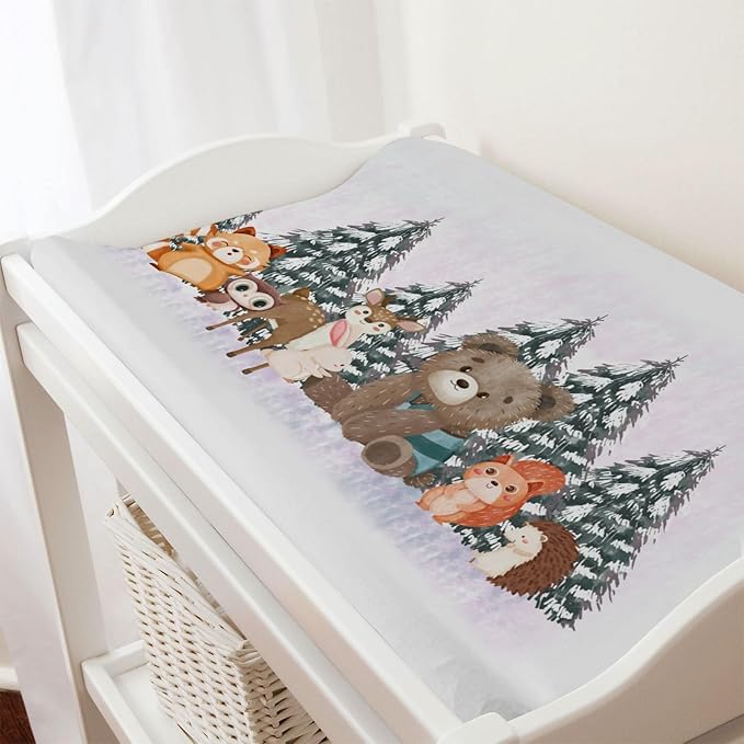 Cute Animals Pine Trees Baby Changing Pad Covers Bear Raccoon Squirrel Deer Rabbit Hedgehog Owl Unisex Diaper Change Table Sheets for Boys Girls Soft Stretch Changing Mat Sheets 32''x16''