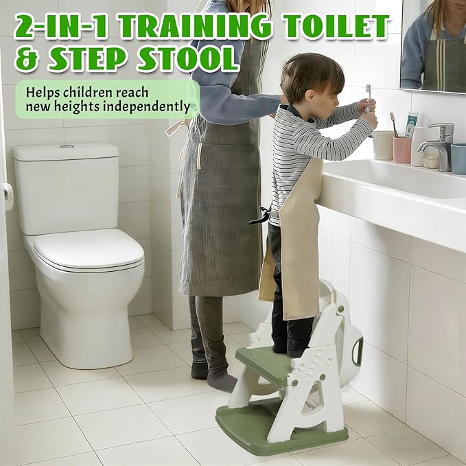 Potty Training Toilet Seat, Stable Potty Training Seat with Step Stool, 2 in 1 Toddler Toilet Seat with Steps for Kids Boys Girls, Toddler Potty Seat with Ladder, Splash Guard, Anti-Slip Pads (Green)