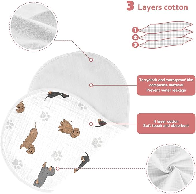 2 Pack Muslin Burp Cloths Dachshund Dogs Paw White Cotton Baby Burp Cloths Soft Burping Cloth Absorbent Spit Up Rags for Baby Boys Girls 22x11 Inch