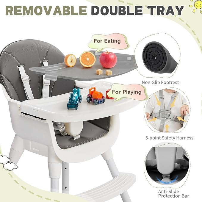 Ktaxon 3-in-1 Baby High Chair, Portable Adjustable Height Highchair with Removable Dual-Layer Tray, 5-Point Safety Harness and Footrest for Toddlers & Babies, Grey