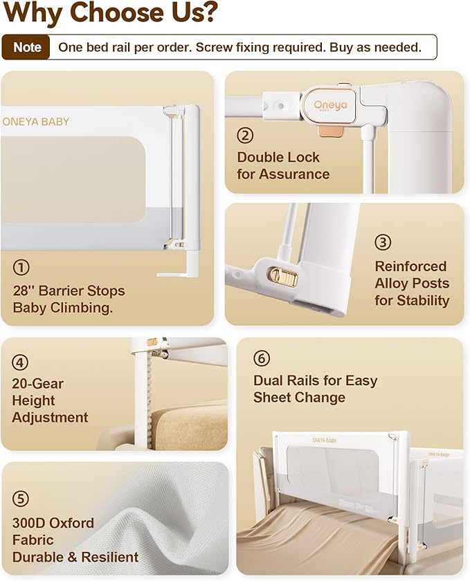 Bed Rail for Toddlers, Thickened & Reinforced Baby Bed Rail Guard for Twin Bed with Double Child Lock, Upgraded Toddler Bedrails with Height Adjustable, White/Grey, 1Side 39" Lx28 H