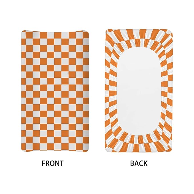 Orange and White Checkered Changing Pad Cover for Baby Girls Boys Cartoon Breathable Diaper Change Table Sheet Soft Stretchy Cute Change Table Mat Cover Fit 32x16