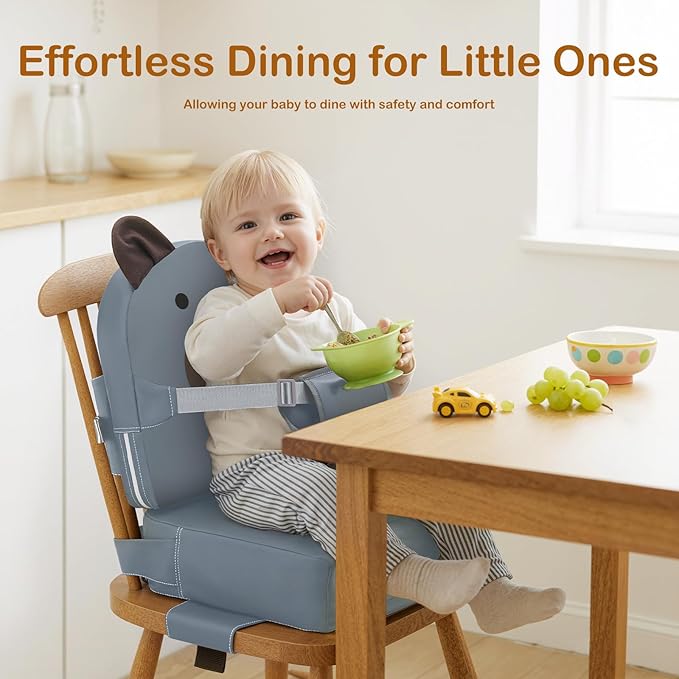 Booster Seat for Kitchen Chair, Toddler Kids Booster Seats for Dining Table with Backrest and Adjustable Strap, Portable PU Waterproof Travel Baby Boy Girl Booster Increasing Cushion (Grey, OneSize)