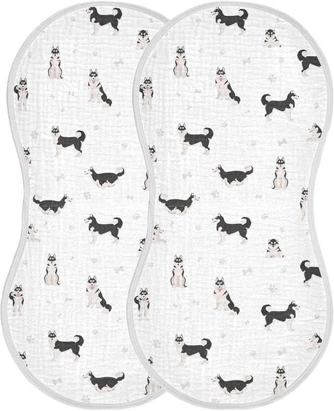 Muslin Burp Cloths for Baby Boys and Girls - 2-Pack Ultra Absorbent Siberian Husky Dog Muslin Washcloths, Newborn Towel, Milk Spit Up Rags, Burp Cloth Bibs for Unisex, 22 x 11 Inch