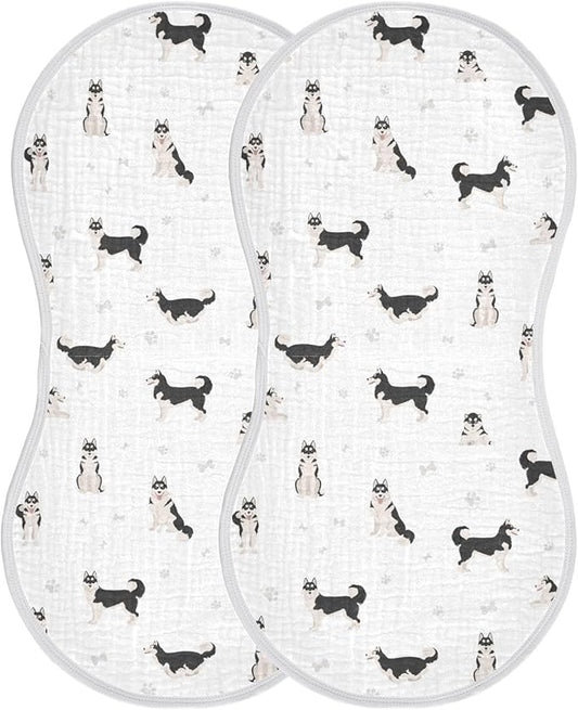 Muslin Burp Cloths for Baby Boys and Girls - 2-Pack Ultra Absorbent Siberian Husky Dog Muslin Washcloths, Newborn Towel, Milk Spit Up Rags, Burp Cloth Bibs for Unisex, 22 x 11 Inch
