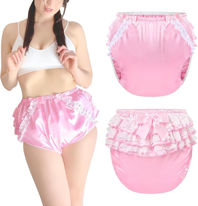 Littleforbig Washable Reusable Waterproof Ruffled Lace Bow Pretty in Pink Satin Over Adult Diaper Cover XL