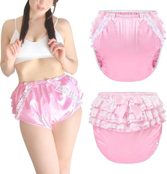 Littleforbig Washable Reusable Waterproof Ruffled Lace Bow Pretty in Pink Satin Over Adult Diaper Cover S