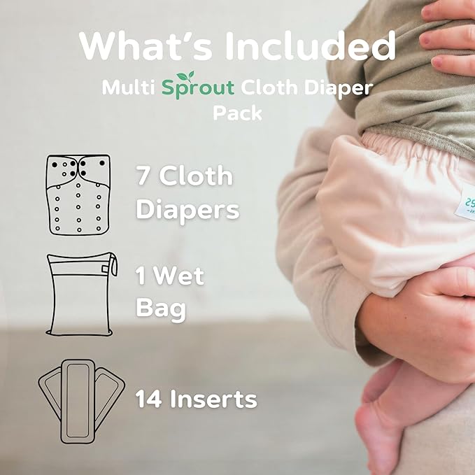 7-Pack Reusable Cloth Diapers with AWJ Interior – Includes 14 Absorbent Inserts and 1 Wet Bag – Adjustable, Waterproof, and Washable (Midnight Cozy, Charcoal Inserts)