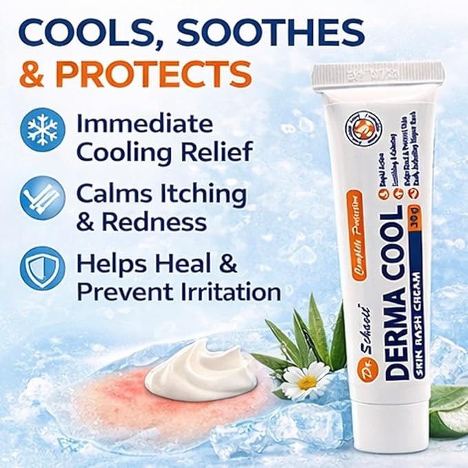 Derma Cool Skin Rash Cream – Rapid-Action Soothing Relief for Red, Irritated, Dry Skin & Diaper Rash – Helps Heal, Protect & Prevent Rashes. Intensive Care Formula 30g