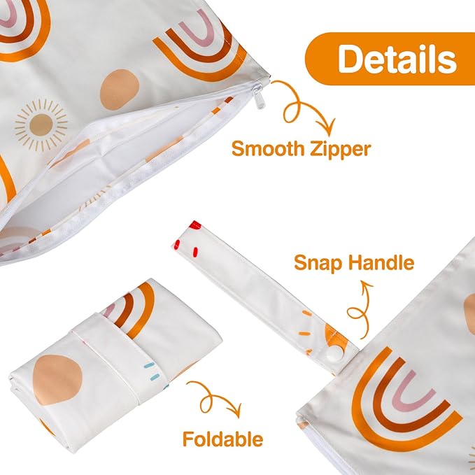 Waterproof Wet bags for Baby,Travel,Swim Suit,Cloth Diapers,Pump Parts,Pool,Beach,Gym Clothes,Toiletry,Hook to Stroller,Daycare,Zipper Reusable Wetdry Packing Pouch-Sun,Rainbow