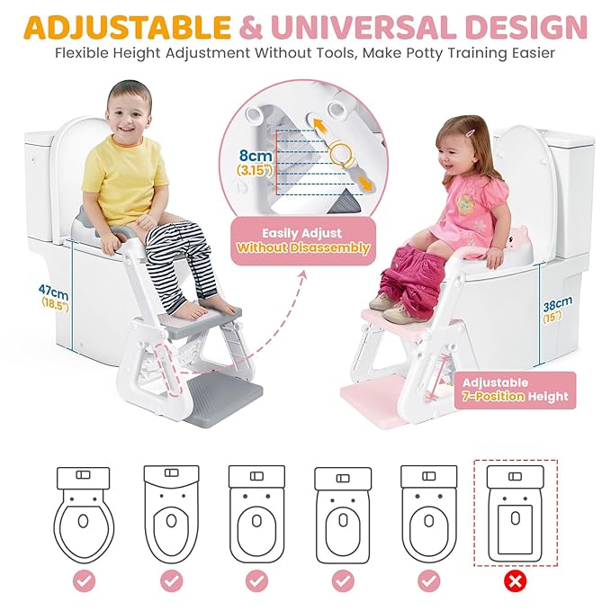 Orzbow Potty Training Seat | Upgrade Toddler Potty Training Toilet with Step Stool, 2-in-1 Stability Toilet Seat for Boys Girls | with Splash Guard, Anti-Slip Pad, Ladder, and Height Adjustable, Pink
