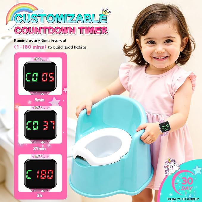 Potty Training Watch & Chart & Book for Kids: Upgrade 3 in 1 Toddler Potty Training Kit Rechargeable Toilet Reminder Unicorn Potty Training Chart with Reward Stickers for Toddler Girls (Pink)