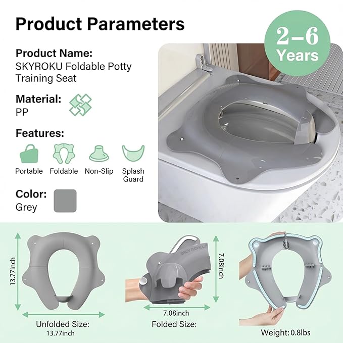 Foldable Travel Potty Seat for Toddler, Portable Toilet Training Seat for Kids on The Go, Fits Round & Oval Toilets with Non-Slip Base & Travel Bag for Car Airplane Essentials, Grey