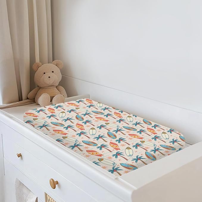 Retro Boho Surfing Changing Pad Covers for Baby Girls Boys Vintage Summer Surfboards Coconut Palm Trees Sun Fitted Change Table Pad Covers Mats Beach Life Soft Diaper Changing Pad Sheets 32''×16''