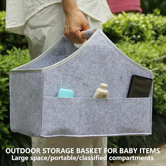 Baby diaper caddy organizer, car felt caddy, baby product storage basket, solid wood handle, detachable partition storage basket for daycare,Best Gift Basket for Babies (grey)