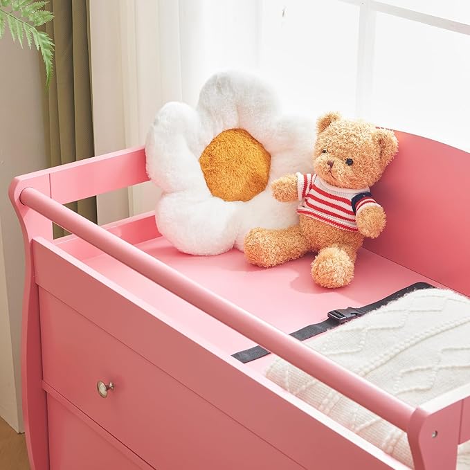 Karl home Changing Table，Dresser Baby Diaper Changing Station Infant Nursing Table with 3 Drawers, Safety Rail & Strap for Bedroom, Nursery, Pink