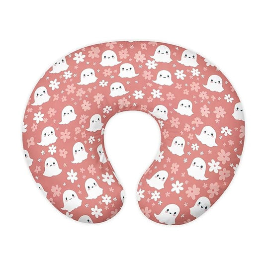 Cute Ghost and Floral Nursing Pillow Cover for Baby Boy Girl Breastfeeding Slipcover Infant Newborn Nursery Bottle Pillowcase Breathable and Washable Halloween Decoration
