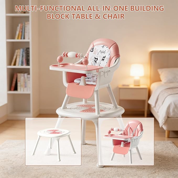 Convertible 4-in-1 Baby High Chair with Block Table, Infant to Toddler Feeding Chair with Play Tray & Built-in Toys, Removable PU Cushion, Easy to Clean Dining & Activity Chair–Pink