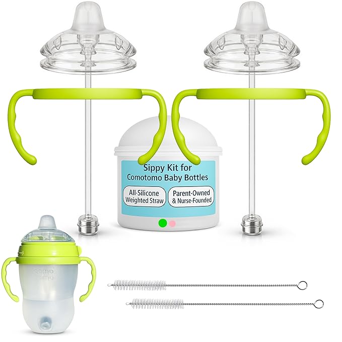 Sippy Cup Conversion Kit for Comotomo Baby Bottles 2-Count, Food Grade Silicone Spout Nipples, All Silicone Weighted Straw, Bottle Handles, Cleaning Brush, BPA-Free, 4+ Months (Sippy Spout, Green)