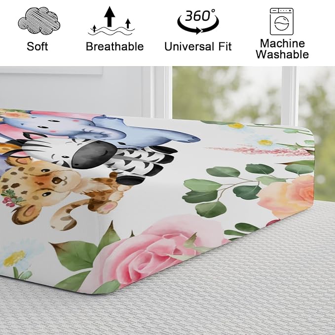 Jungle Safari Animals Tropical Leaves Flowers Changing Pad Cover Lion Elephant Zebra Giraffe Hippo Change Table Covers for Boys Girls Soft Stretchy Diaper Changing Mat Sheets Cover 32''x16''