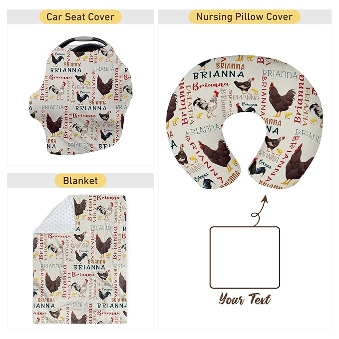 Baby Nursing Pillow Cover - Personalized Name Breastfeeding Pillow Cover with Chicken Pattern, Stretchy Removable U-Shaped for New Moms, Soft Breathable Slipcover for Infant Boys Girls