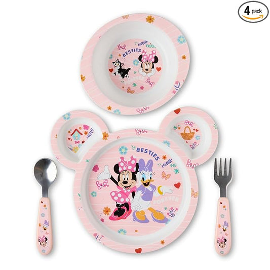 The First Years Disney Minnie Mouse Kids Dinnerware Set - Includes Toddler Plate, Bowl, Fork, and Spoon - Baby Led Weaning Supplies - 4 Count- Ages 9 Months and Up