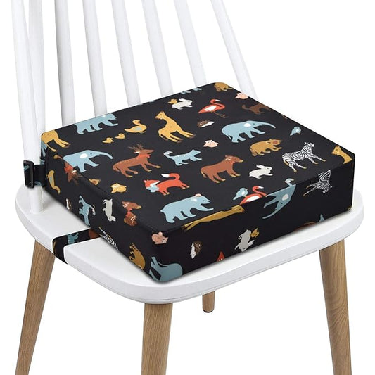 Toddler Booster Seat Dining, Cartoon Canvas Washable 2 Straps Safety Buckle Kids Booster Seat for Dining Table, Portable Travel Increasing Cushion (Elephant-Black)