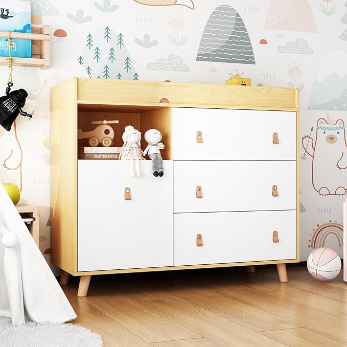 Timechee Baby Dresser Changing Table with Drawers,Shelf,Hidden Laundry Basket Storage,2 in 1 Nursery Dresser Chest for Infants, Baby Diaper Changing Station for Daycare,Bedroom,Natural