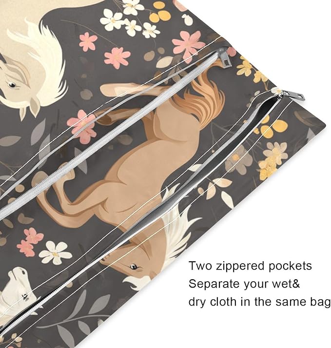 susiyo 2 Pcs Wet Dry Bag, Horses Waterproof Reusable Baby Cloth Diaper Wet Bags with 2 Zipper Pockets for Breast Pump Parts Travel Beach Pool Gym Yoga Swimsuits Wet Clothes