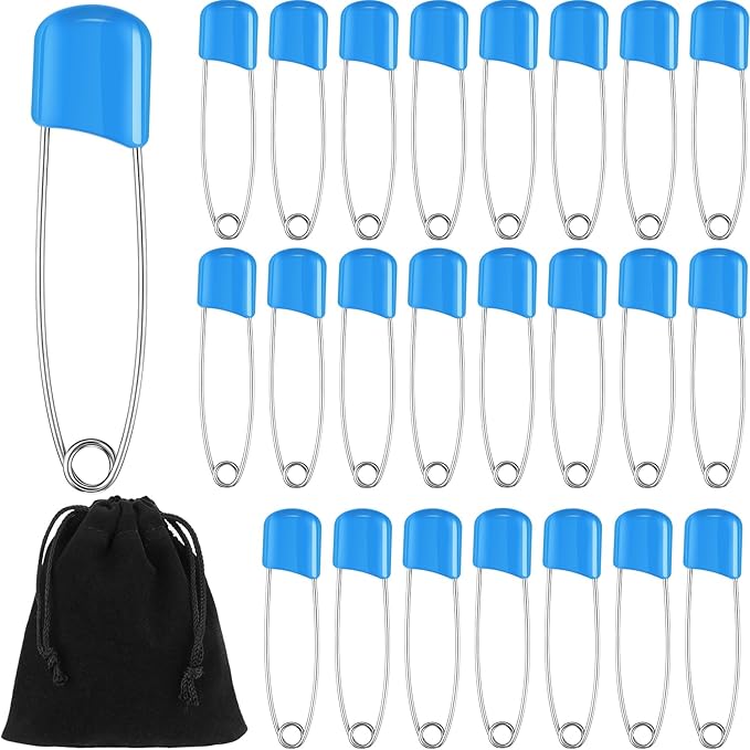 WILLBOND 100 Pcs Safety Pins 2.2 Inch Plastic Head Cloth Pins with Locking Closures Stainless Steel with Velvet Bag, Blue