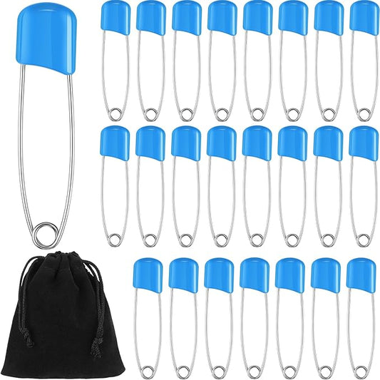 WILLBOND 100 Pcs Safety Pins 2.2 Inch Plastic Head Cloth Pins with Locking Closures Stainless Steel with Velvet Bag, Blue