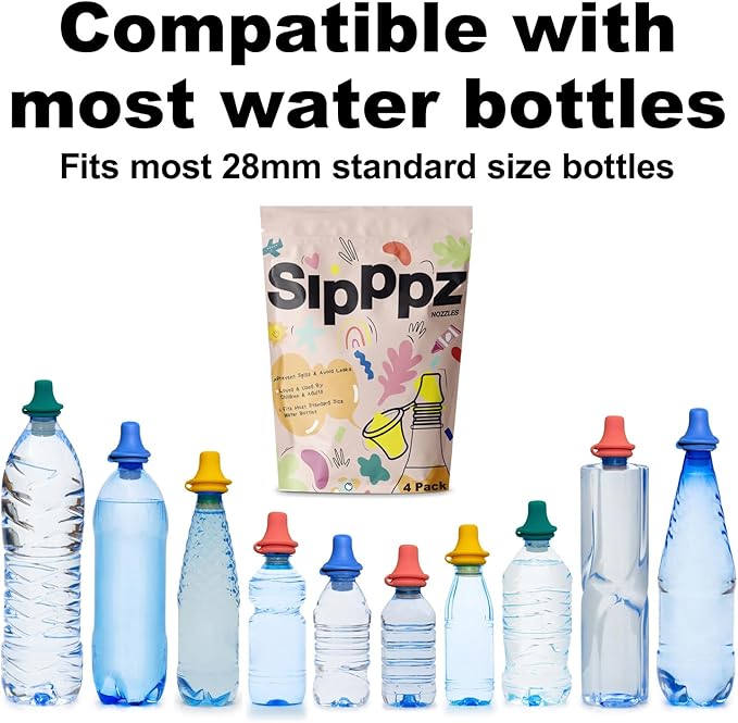 [4 Pack] Sipppz Nozzles - No Spill Silicone Bottle Top Spout - Soft, Flexible Silicone - Blue, Green, Yellow, Pink - Fit Most Standard Bottles - BPA-Free, Latex-Free, Lead-Free