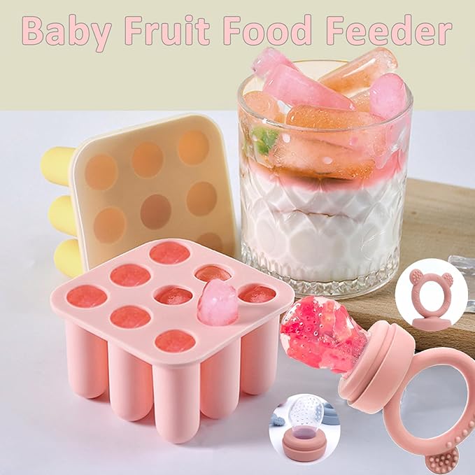 JEXFUN Silicone Baby Fruit Food Feeder Pacifier & Breastmilk Popsicle Freezer Molds, Baby Food Storage Containers Breast Milk Ice Cubes for Baby Teething & Infant Self Feeding, BPA Free (Pink)