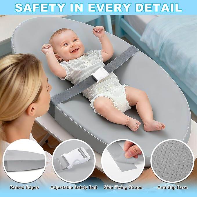 Baby Diaper Changing Pad, Wipeable Baby Changing Pad for Dresser, Contoured Waterproof Changing Pad with PU Cover, Non-Slip Safety Belt & Bottom, Portable, Lightweight (Grey)