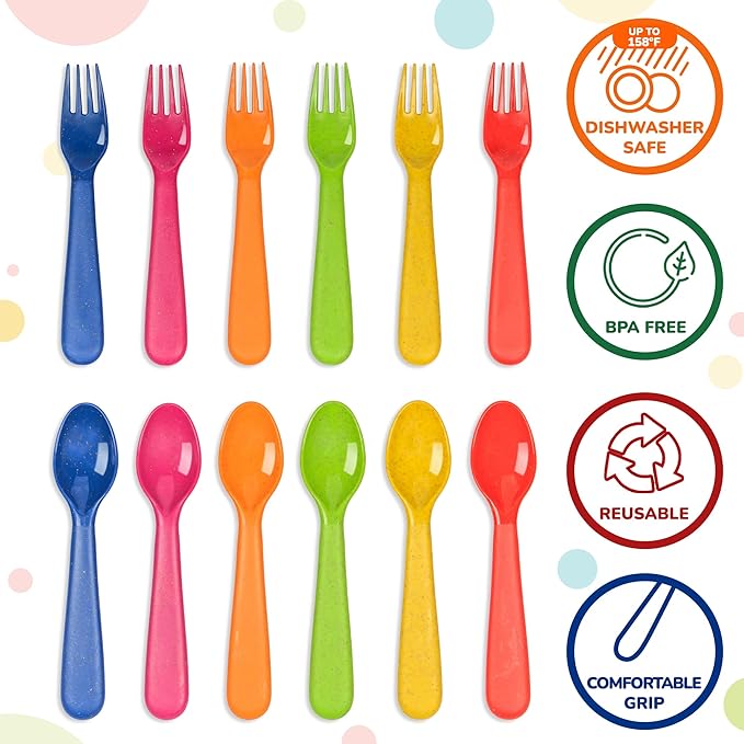PLASKIDY Wheat Straw Toddler Utensils Set of 12 - Kids Forks and Kids Spoons BPA Free/Dishwasher Safe Kids Utensils Cutlery Set Brightly Colored Toddlers Silverware Set