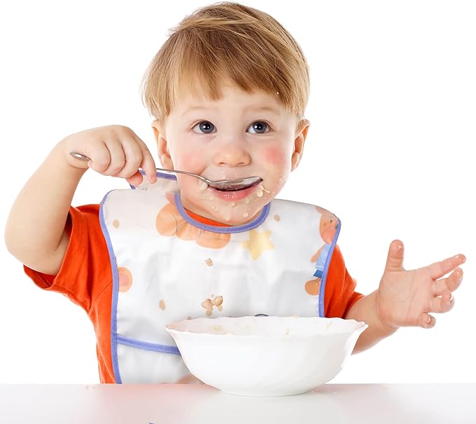 Zainpe 5Pcs Snap Baby Bibs for Boys Girls 6-24 Months Waterproof Stain Resistant Feeding Bib with Food Catcher Pocket