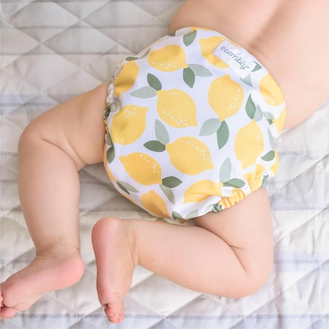 Esembly Cloth Diaper Cover - Reusable Swim Diaper, Waterproof, Breathable - Adjustable Outer Layer Over Absorbent Inner for Blowout Protection - Lemons, Size 2 (18-35lbs)