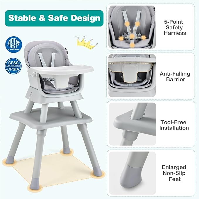 KOTEK Baby High Chair, 8 in 1 Convertible Highchairs for Babies and Toddlers, Building Block Table, Booster Seat, Toddler Chair with Removable Tray, Safety Harness, Dual Cushions (Gray)