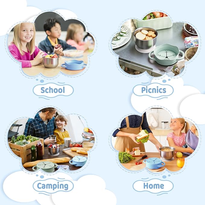 Qtencas 2 Pack Stainless Steel Snack Containers for Toddlers with Spill-Proof Silicone Lids and Handles, Food Grade Snack Cups for Toddlers Kid（Green and Blue）