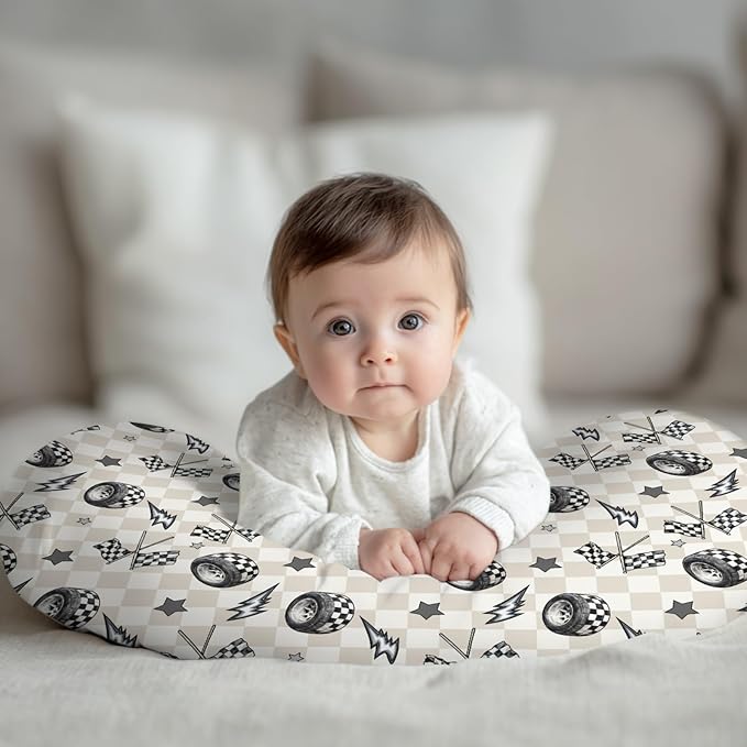 Cute Race Car Flag Black and White Plaid Nursing Pillow Cover Stretchy and Soft for Baby Girls Boys Tire Checkered Stars Vehicles Nursing Cover for Breastfeeding for Newborn Infant