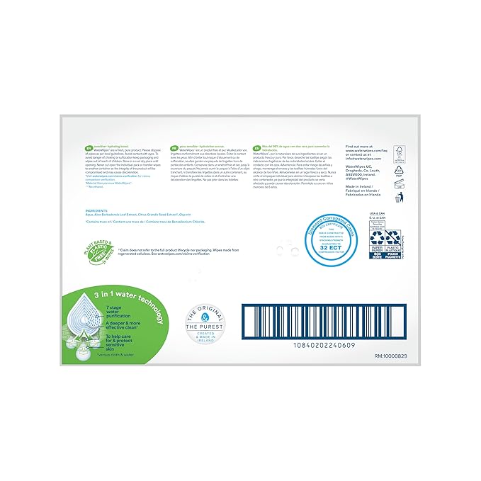 WaterWipes Hydrating Clean Baby Wipes, 99% Water-Based Formula with Aloe Vera to Hydrate & Clean Skin, Unscented & Hypoallergenic, 12 Resealable Packs (720 Wipes)