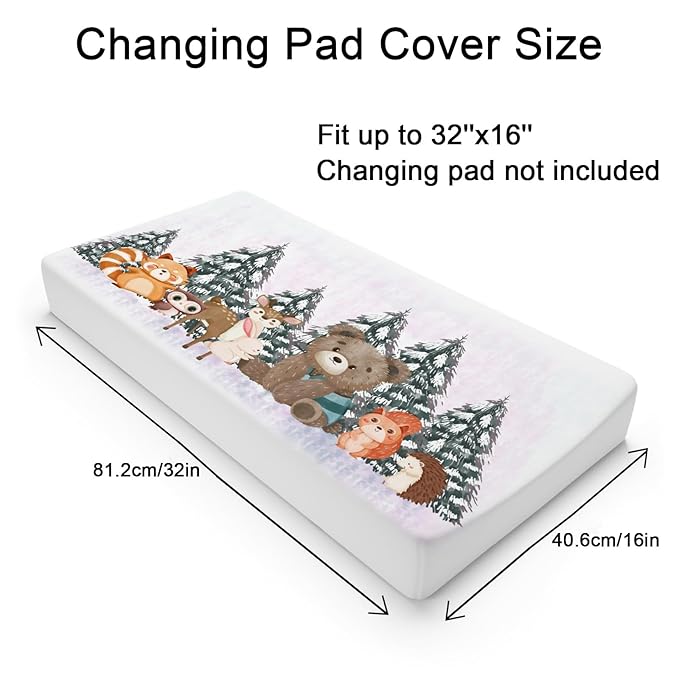 Cute Animals Pine Trees Baby Changing Pad Covers Bear Raccoon Squirrel Deer Rabbit Hedgehog Owl Unisex Diaper Change Table Sheets for Boys Girls Soft Stretch Changing Mat Sheets 32''x16''