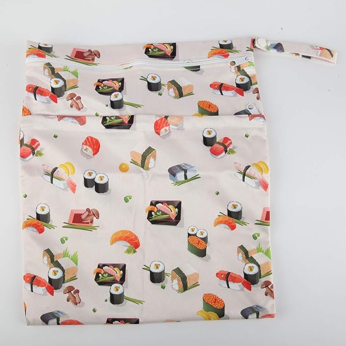 Wet Dry Bag Baby Cloth Diaper Nappy Reusable Washable With Two Zippered Pockets (Sushi Mushroom)