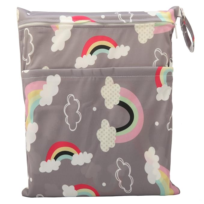 Medium Wet Dry Bag Baby Cloth Diaper Nappy Insert Bag Reusable Washable With Two Zippered Pockets (Rainbow)